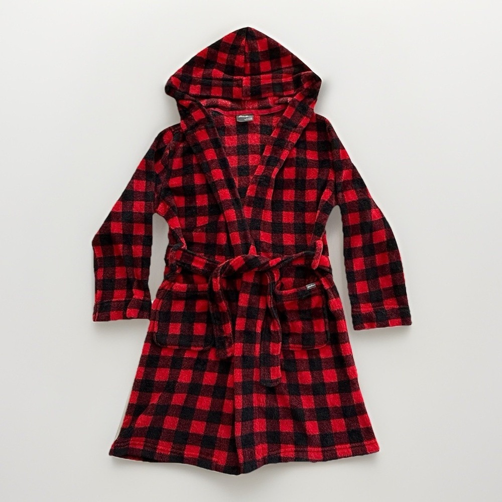 Eddie Bauer Kids Hooded Robe Fleece Red Black Buffalo Plaid Cozy Kids S 7/8‎